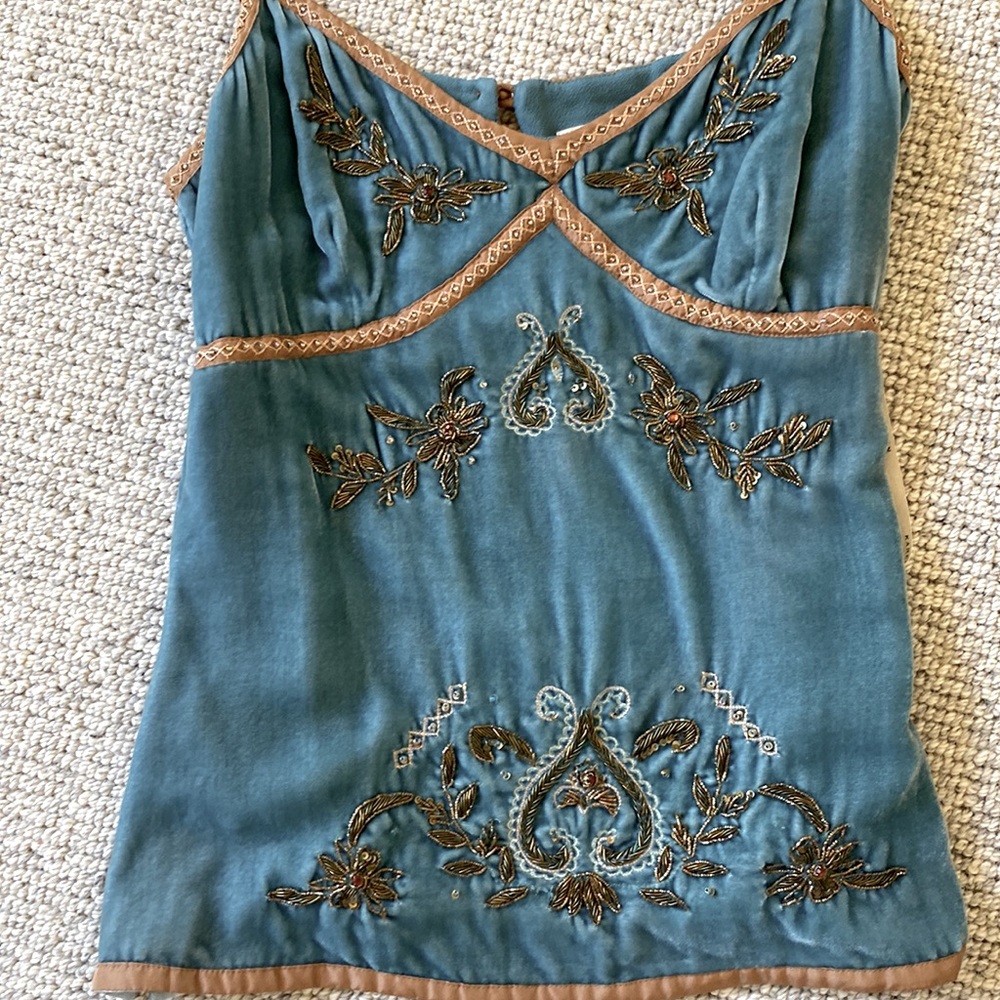 Karen Millen velvet teal top beaded, silk lining, side zipper. Size 6